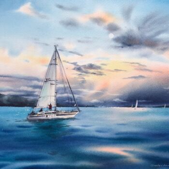 Painting titled "Yacht in the sea at…" by Eugenia Gorbacheva, Original Artwork, Watercolor