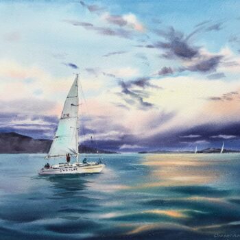 Malerei mit dem Titel "Yacht in the sea at…" von Eugenia Gorbacheva, Original-Kunstwerk, Aquarell