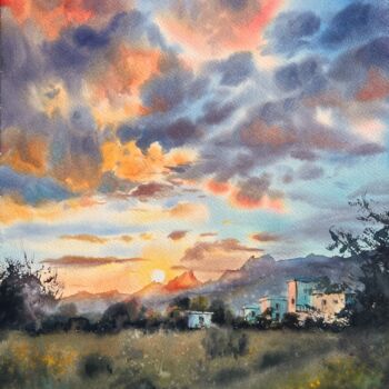 Картина под названием "Orange sunrise in C…" - Eugenia Gorbacheva, Подлинное произведение искусства, Акварель