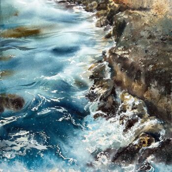 Malarstwo zatytułowany „Waves and rocks #16” autorstwa Eugenia Gorbacheva, Oryginalna praca, Akwarela