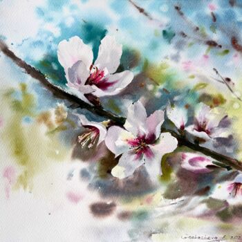 Pittura intitolato "Almond flowers #5" da Eugenia Gorbacheva, Opera d'arte originale, Acquarello