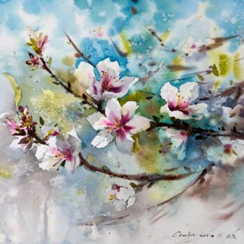Painting titled "Almond flowers #6" by Eugenia Gorbacheva, Original Artwork, Watercolor