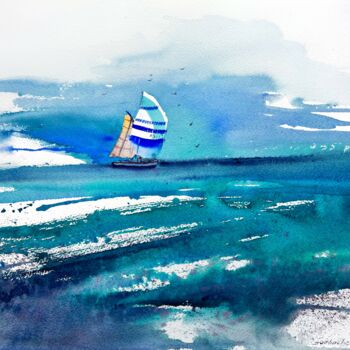 Painting titled "Yacht in the sea #5" by Eugenia Gorbacheva, Original Artwork, Watercolor