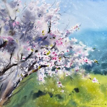 Painting titled "Blooming almond tree" by Eugenia Gorbacheva, Original Artwork, Watercolor