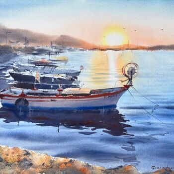 Painting titled "Boats on the pier S…" by Eugenia Gorbacheva, Original Artwork, Watercolor