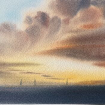Malarstwo zatytułowany „Sunset on the sea #7” autorstwa Eugenia Gorbacheva, Oryginalna praca, Akwarela