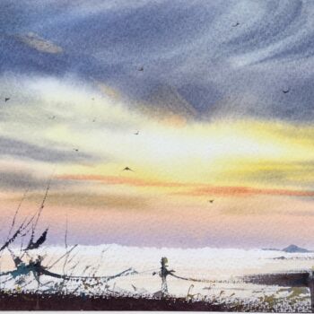 Painting titled "Sunrise at sea" by Eugenia Gorbacheva, Original Artwork, Watercolor