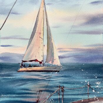 Pintura intitulada "Yachts at sea #19" por Eugenia Gorbacheva, Obras de arte originais, Aquarela