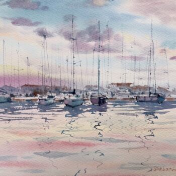 Painting titled "Yachts on the pier…" by Eugenia Gorbacheva, Original Artwork, Watercolor