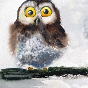 Painting titled "Little owl on a bra…" by Eugenia Gorbacheva, Original Artwork, Watercolor