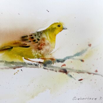 Painting titled "Little yellow bird" by Eugenia Gorbacheva, Original Artwork, Watercolor