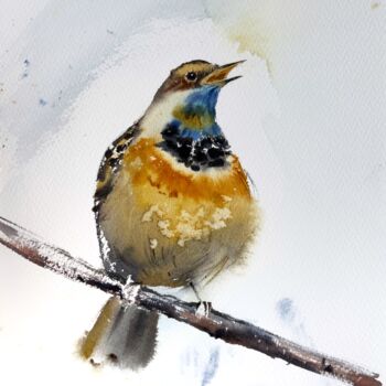 Painting titled "Bird on a branch" by Eugenia Gorbacheva, Original Artwork, Watercolor