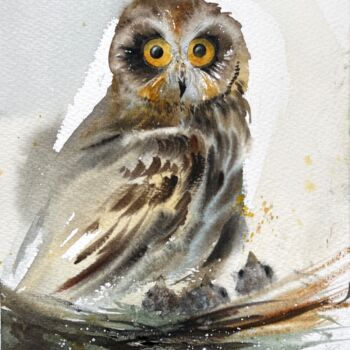 Painting titled "Owl in the nest" by Eugenia Gorbacheva, Original Artwork, Watercolor