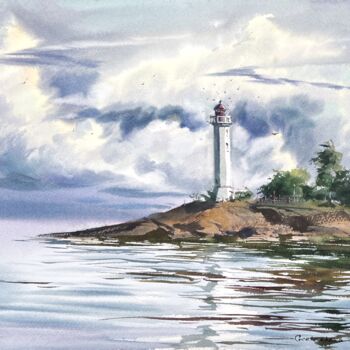 Schilderij getiteld "Lighthouse #3" door Eugenia Gorbacheva, Origineel Kunstwerk, Aquarel