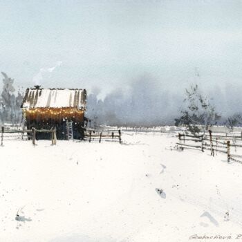 Painting titled "Hut in the snow" by Eugenia Gorbacheva, Original Artwork, Watercolor