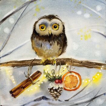 Картина под названием "Owl with New Year's…" - Eugenia Gorbacheva, Подлинное произведение искусства, Акварель