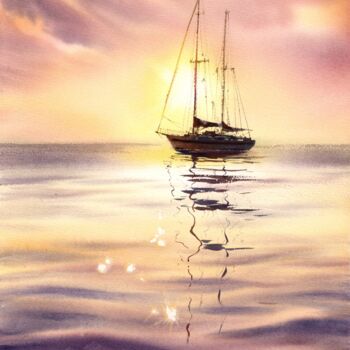 Painting titled "Yacht at sunset #8" by Eugenia Gorbacheva, Original Artwork, Watercolor