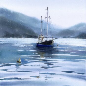 Painting titled "Schooner in the bay…" by Eugenia Gorbacheva, Original Artwork, Watercolor