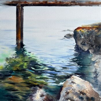 Painting titled "Sea Coast Bridge" by Eugenia Gorbacheva, Original Artwork, Watercolor