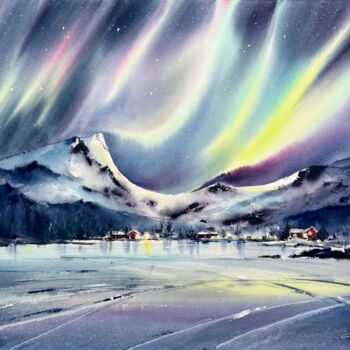 Painting titled "Northern lights. No…" by Eugenia Gorbacheva, Original Artwork, Watercolor