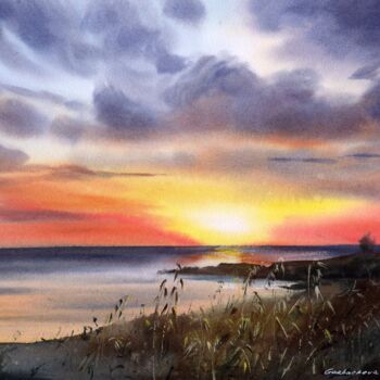 Картина под названием "Sunset on the sea #…" - Eugenia Gorbacheva, Подлинное произведение искусства, Акварель