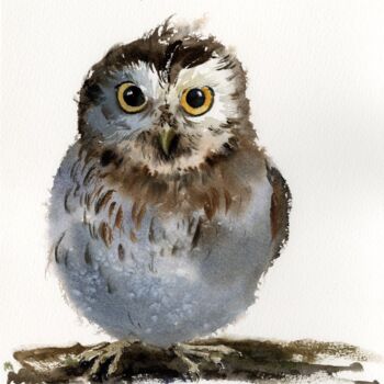 Malarstwo zatytułowany „Little owl on a bra…” autorstwa Eugenia Gorbacheva, Oryginalna praca, Akwarela