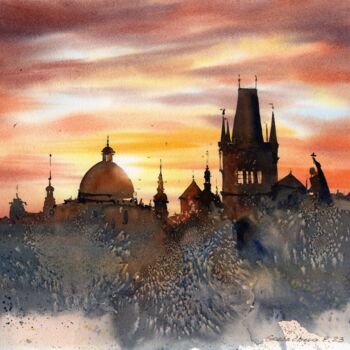 Painting titled "Prague at sunset" by Eugenia Gorbacheva, Original Artwork, Watercolor