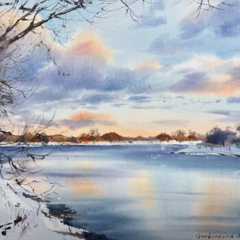 Malarstwo zatytułowany „Frozen river #4” autorstwa Eugenia Gorbacheva, Oryginalna praca, Akwarela