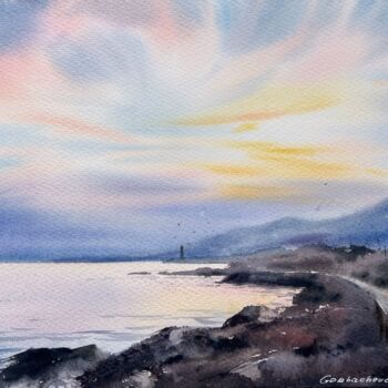 Картина под названием "Dawn on the sea Cyp…" - Eugenia Gorbacheva, Подлинное произведение искусства, Акварель