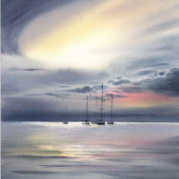Картина под названием "Yachts at sea at da…" - Eugenia Gorbacheva, Подлинное произведение искусства, Акварель