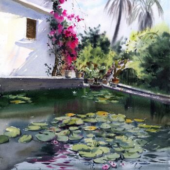 Картина под названием "Pond with water lil…" - Eugenia Gorbacheva, Подлинное произведение искусства, Акварель