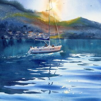 Painting titled "Yacht in the sun" by Eugenia Gorbacheva, Original Artwork, Watercolor