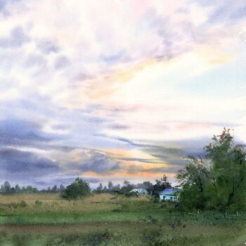 Schilderij getiteld "Sunset in the villa…" door Eugenia Gorbacheva, Origineel Kunstwerk, Aquarel