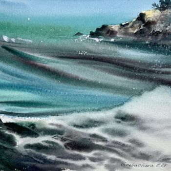 Painting titled "Waves and rocks #18" by Eugenia Gorbacheva, Original Artwork, Watercolor