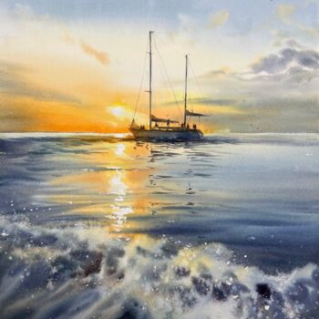 Painting titled "Yacht at Sunset #9" by Eugenia Gorbacheva, Original Artwork, Watercolor
