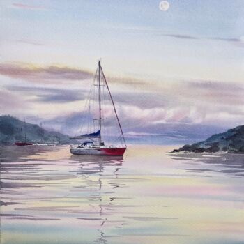 Painting titled "Yacht and Pink Dawn" by Eugenia Gorbacheva, Original Artwork, Watercolor