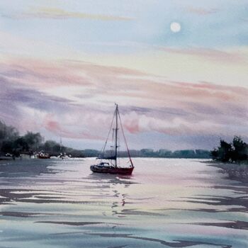 Painting titled "Yacht and Pink Dawn…" by Eugenia Gorbacheva, Original Artwork, Watercolor