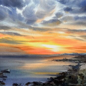 Pintura intitulada "Orange sunset #23" por Eugenia Gorbacheva, Obras de arte originais, Aquarela