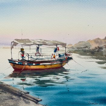 Pintura intitulada "Boat on the pier #4" por Eugenia Gorbacheva, Obras de arte originais, Aquarela