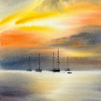 Malerei mit dem Titel "Yachts at sunset #12" von Eugenia Gorbacheva, Original-Kunstwerk, Aquarell