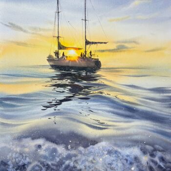 Painting titled "Yacht at sunset #14" by Eugenia Gorbacheva, Original Artwork, Watercolor