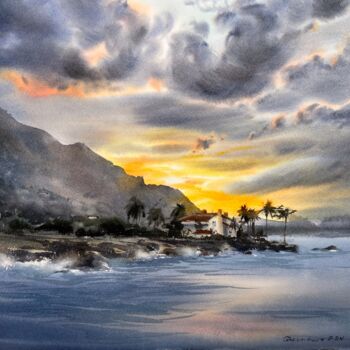 Painting titled "Sunset in the clouds" by Eugenia Gorbacheva, Original Artwork, Watercolor