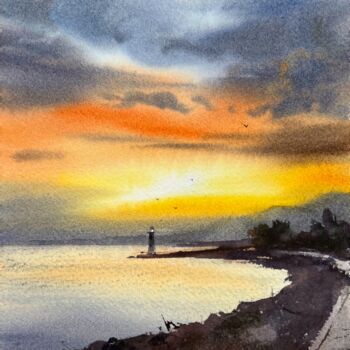 Pintura intitulada "Sunset on the sea c…" por Eugenia Gorbacheva, Obras de arte originais, Aquarela
