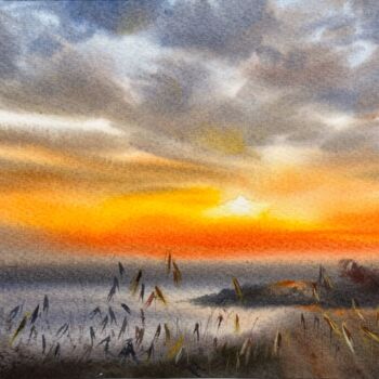 Painting titled "Orange sunset #24" by Eugenia Gorbacheva, Original Artwork, Watercolor