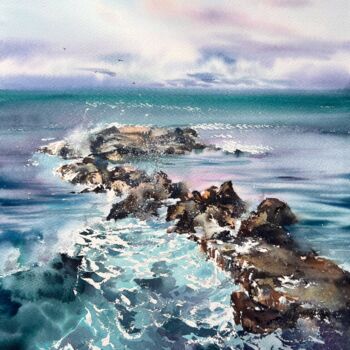 Painting titled "Waves and rocks #19" by Eugenia Gorbacheva, Original Artwork, Watercolor