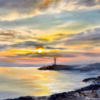 Painting titled "Lighthouse at sunset" by Eugenia Gorbacheva, Original Artwork, Watercolor