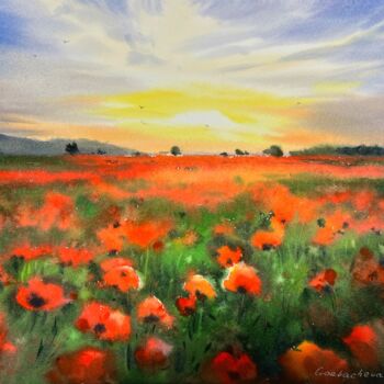 Painting titled "Poppy field at suns…" by Eugenia Gorbacheva, Original Artwork, Watercolor