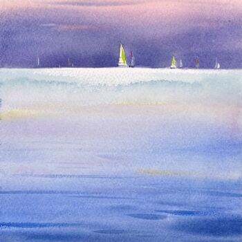 Painting titled "Yachts at sunset #15" by Eugenia Gorbacheva, Original Artwork, Watercolor