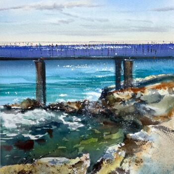 Peinture intitulée "Sea Coast Bridge #2" par Eugenia Gorbacheva, Œuvre d'art originale, Aquarelle