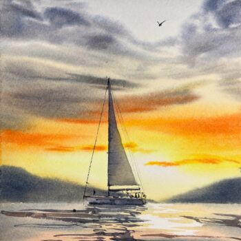 Pittura intitolato "Yacht at sunset #15" da Eugenia Gorbacheva, Opera d'arte originale, Acquarello